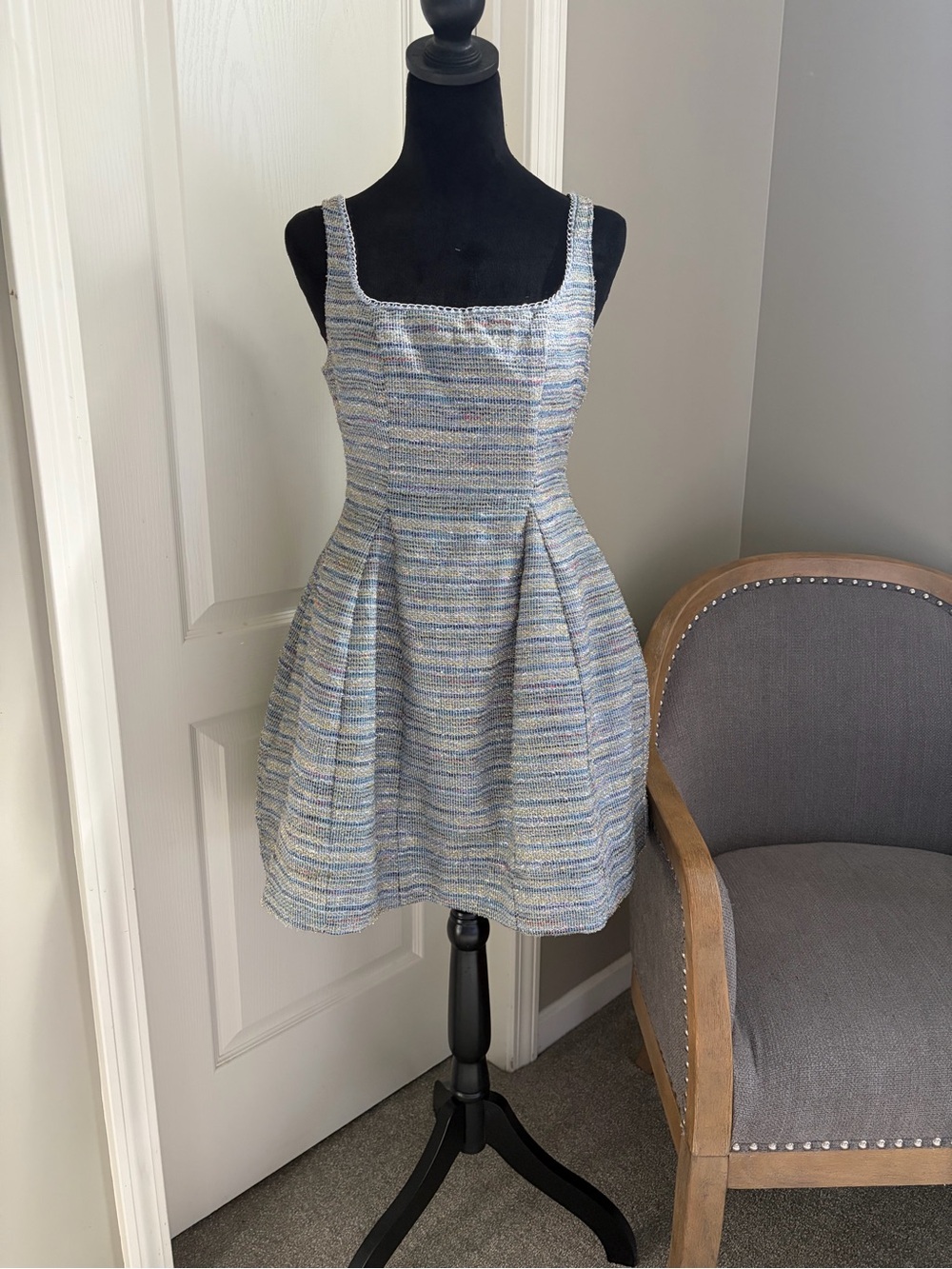 Maeve Light Blue Striped Tweed Mini Dress
